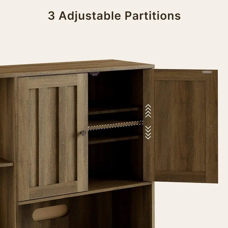 Armario de cocina estilo rústico con puertas y estantes abiertos, aparador con estantes para microondas y cajones