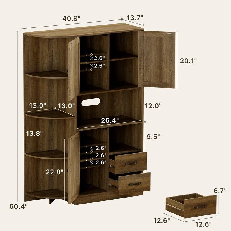Armario de cocina estilo rústico con puertas y estantes abiertos, aparador con estantes para microondas y cajones