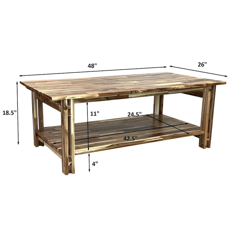 Mesa de centro arquitectónica de madera de acacia con estante