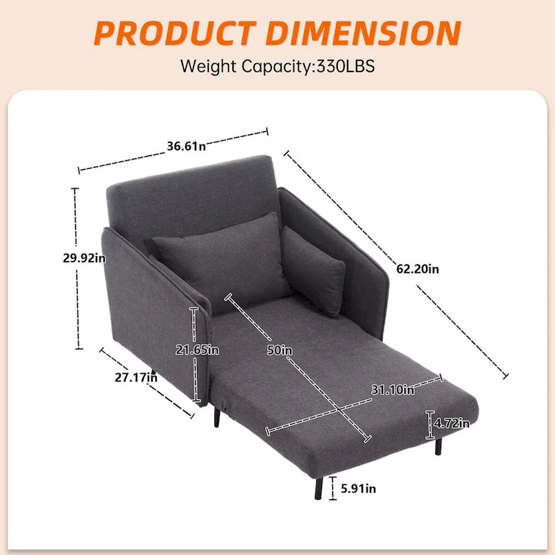 Sillón cama individual convertible tapizado en lino para sala de estar
