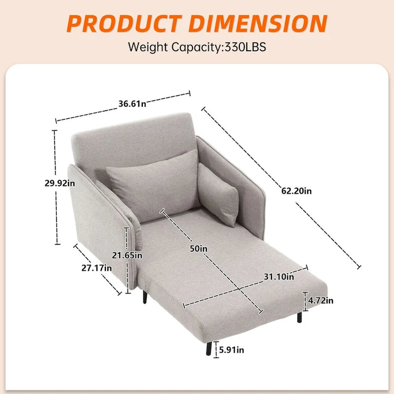 Sillón cama individual convertible tapizado en lino para sala de estar