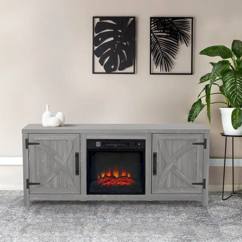 Mueble para TV con chimenea eléctrica gris de 58 pulgadas con chimenea eléctrica de 18 pulgadas