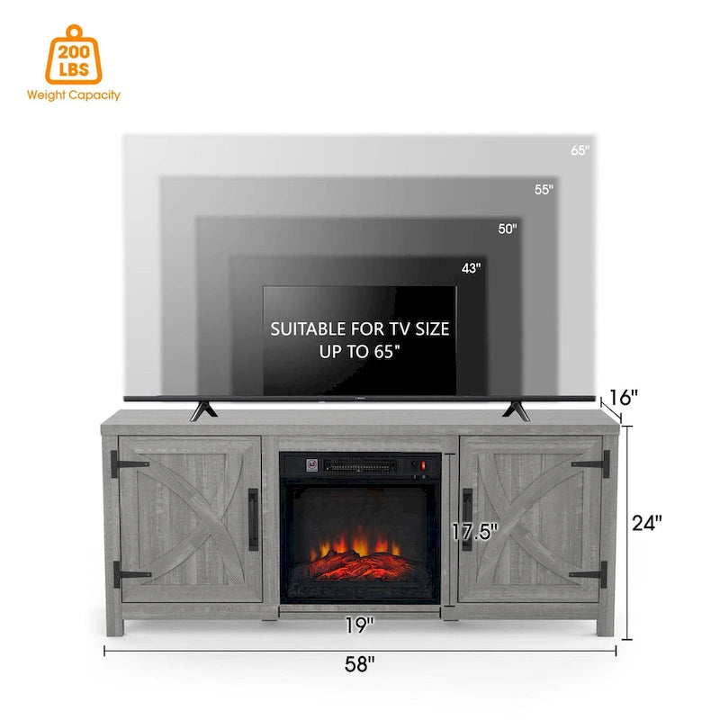 Mueble para TV con chimenea eléctrica gris de 58 pulgadas con chimenea eléctrica de 18 pulgadas