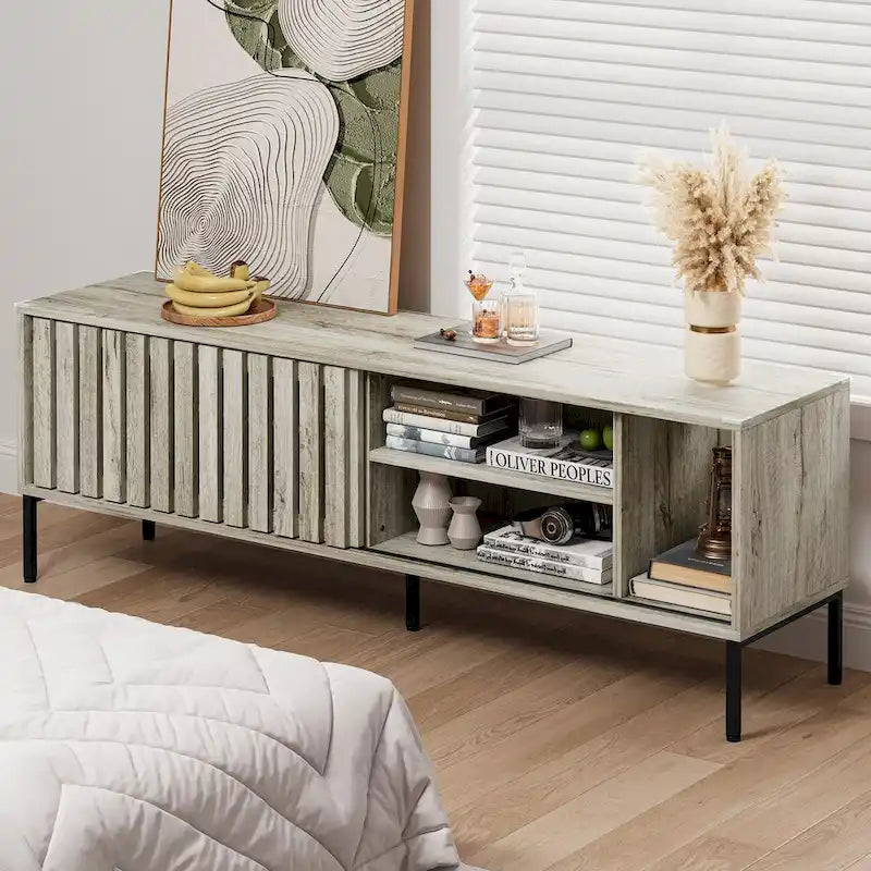  64TV Stand Hollow Sliding Door Entertainment Center Adjustable Shelves TV Console - 64L x 15.4W x 22.5H