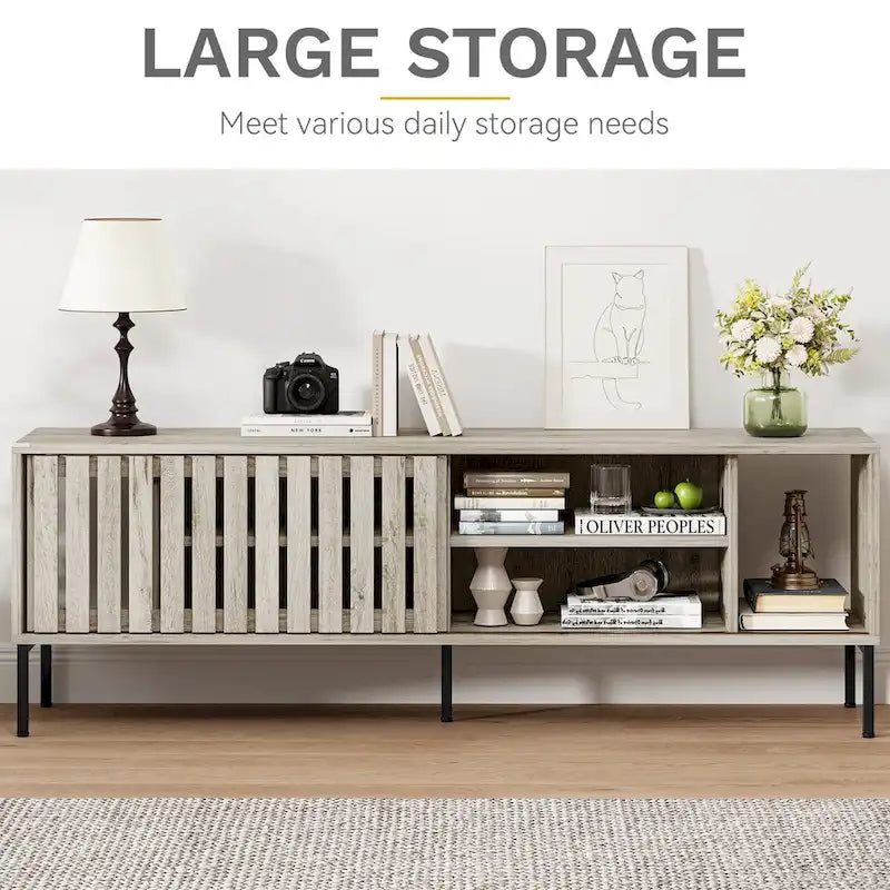 Mueble para TV de 64 pulgadas, puertas corredizas ahuecadas, centro de entretenimiento con estantes ajustables, consola de TV - 64 pulgadas de largo x 15.4 pulgadas de ancho x 22.5 pulgadas de alto