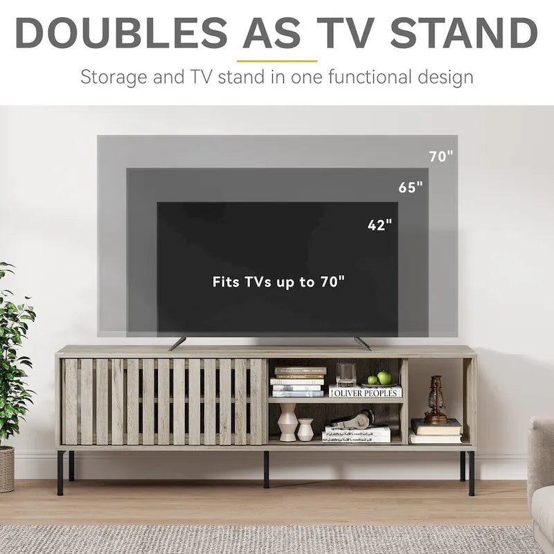 Mueble para TV de 64 pulgadas, puertas corredizas ahuecadas, centro de entretenimiento con estantes ajustables, consola de TV - 64 pulgadas de largo x 15.4 pulgadas de ancho x 22.5 pulgadas de alto