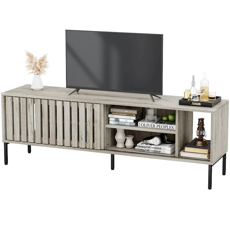 Mueble para TV de 64 pulgadas, puertas corredizas ahuecadas, centro de entretenimiento con estantes ajustables, consola de TV - 64 pulgadas de largo x 15.4 pulgadas de ancho x 22.5 pulgadas de alto